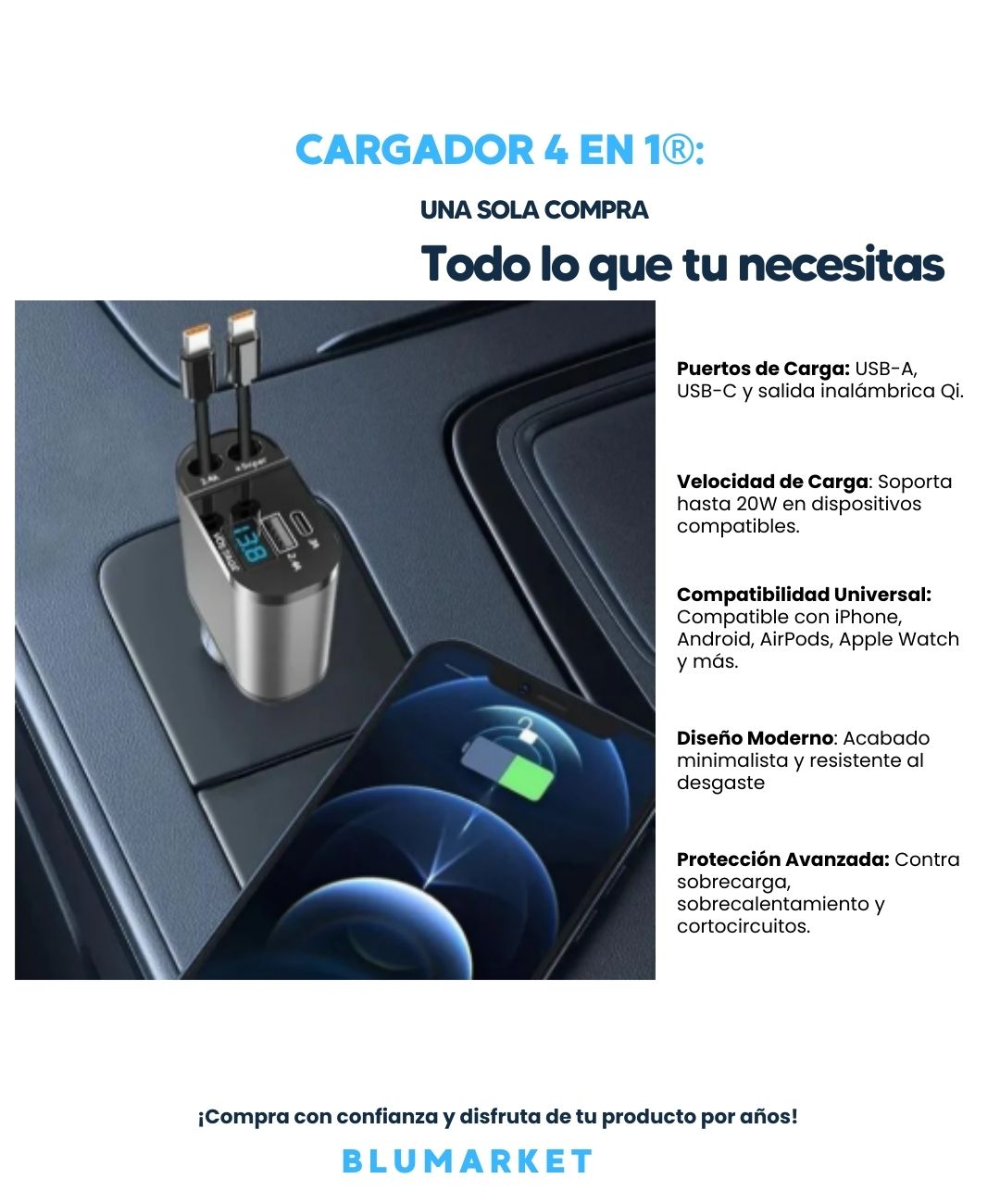 CARGADOR PARA CARRO 4 EN 1